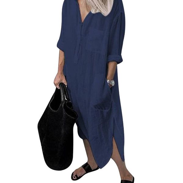 

casual dresses long shirt dress maxi sleeve women plus size cotton clothes with pockets, Black;gray