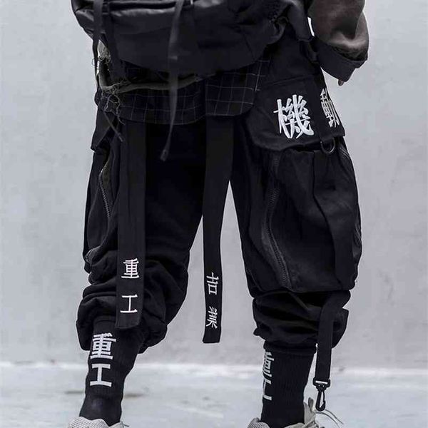 Japonês Streetwear Techwear Carga Calças Para Homens Baggy Largura Perna Preta Basculador 210723