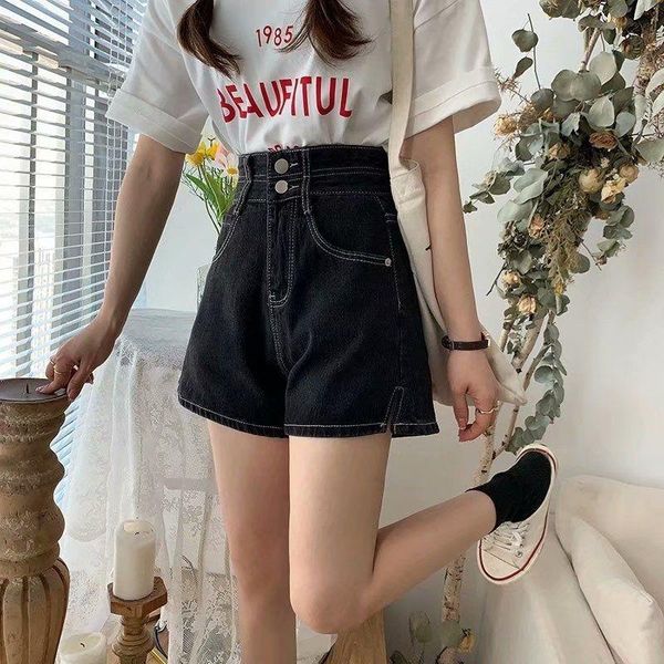 

women's jeans 150cm small man split denim shorts summer loose high waist thin wide leg straight pants, Blue