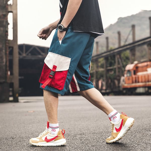 

mens streetwear summer casual shorts cargo pants hip hop knee length pockets ribbons cotton male streetwear shorts, White;black