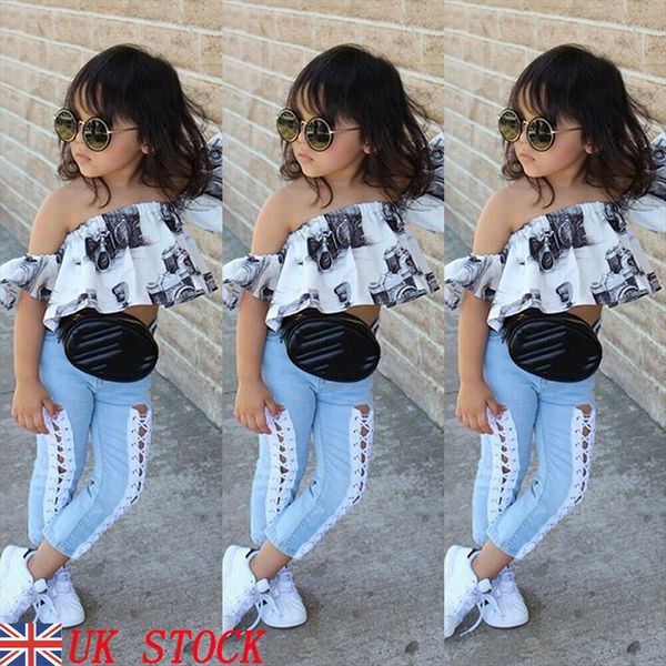 

2pcs kids outfit girl off shoulder t shirt bandage long pants leggings denim children clothes set, White