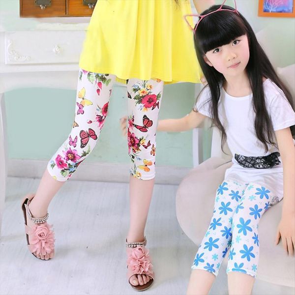 

big summer kids calf length girls leggings printing flowers children pants skinny trousers 2 14y elastic, Blue