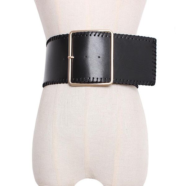 

belts fashion winter solid color black wide metal big buckle hand wrapped wire stitch pu leather long women coat accessories, Black;brown