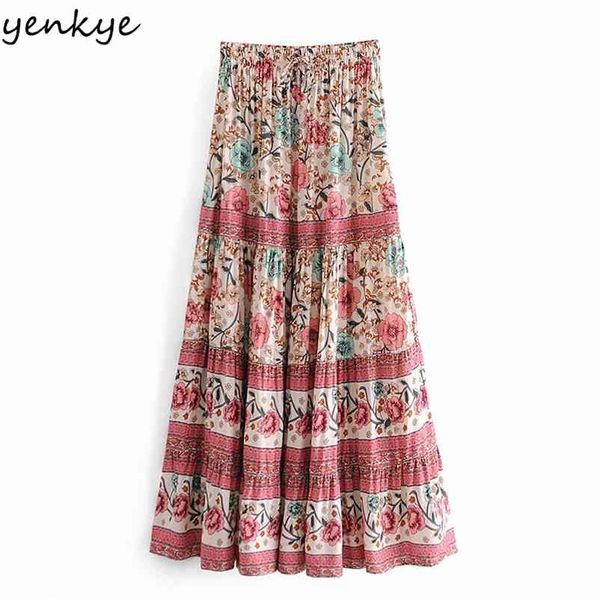 

yenkye vintage floral print long maxi skirt women elastic high waist pleated casual jupe femme holiday summer boho skirt 210724, Black