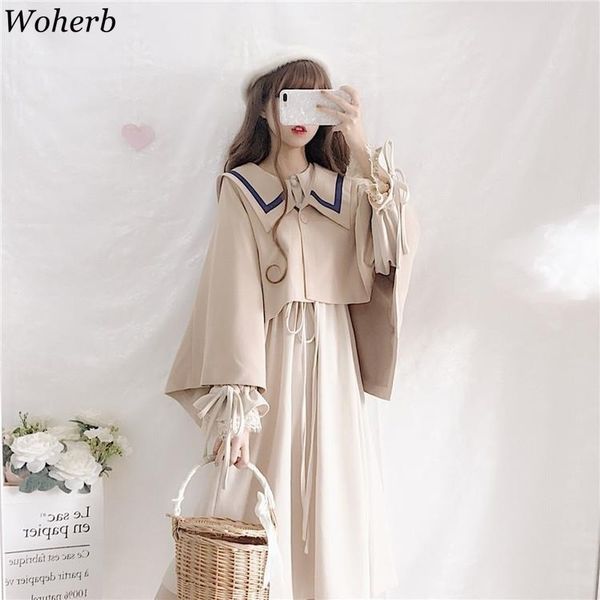 

japanese kawaii two pieces set women long sleeve cute dress + loose cape cloak jacket casual sweet outfits suit 210417, White