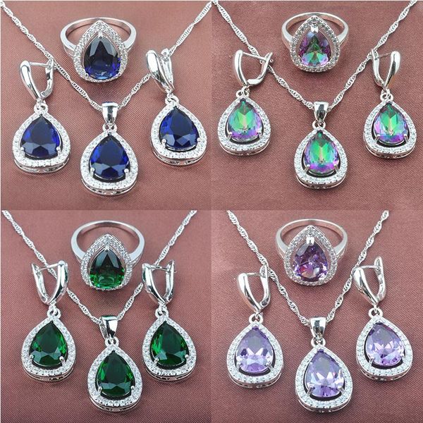 

earrings & necklace water drop blue zirconia women's jewelry sets wedding silver color crystal pendant ring tz0105