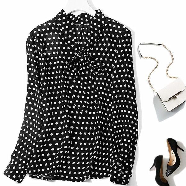 

women's blouses & shirts 100% pure silk shirt blouse tie bow neck tunic white black navy dots size  l xl jn190
