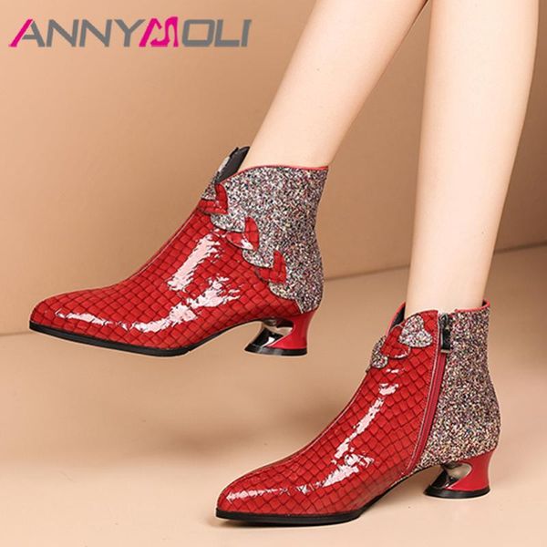 

boots annymoli women shoes real leather snake print ankle strange style med pointed toe zipper ladies winter 2021, Black