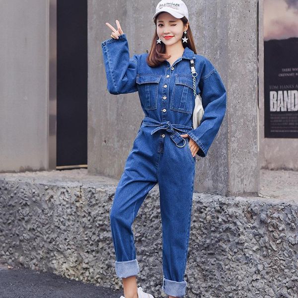

women's jumpsuits & rompers 2021 spring fashion denim jumpsuit women romper long sleeve belt autumn vintage jeans female streetwear ove, Black;white