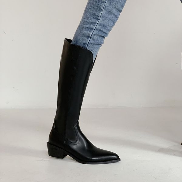 

autumn large size 40-46 cowboy thick middle heel pointed high women's boots chengdu goods, Black