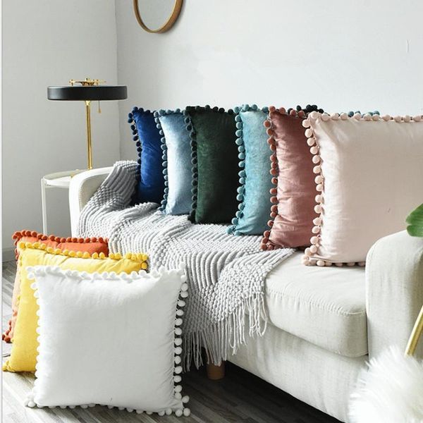 

cushion/decorative pillow soft velvet cushion cover with pompom ball white yellow blue bedroom sofa decoration cases 30x50cm/45x45cm