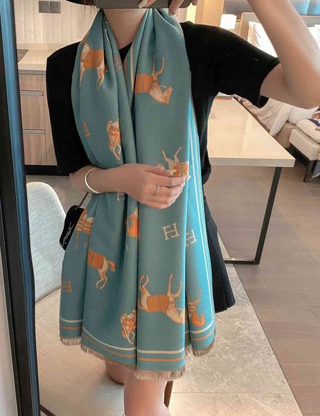 

tippet muffler scarf autumn and winter war horse pattern imitation cashmere scarf double-sided warm thickened women's shawl long versat, Blue;gray