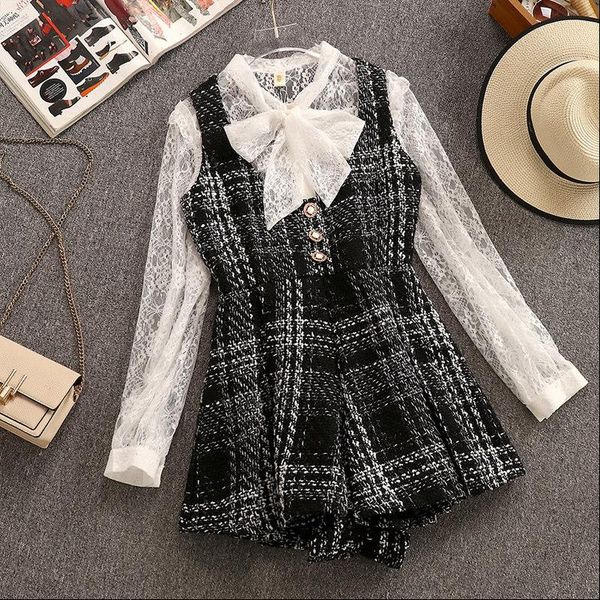 

sweet a line tweed plaid women jumpsuits short vest autumn winter bow collar lace shirt tank pearl button mini, Black;white