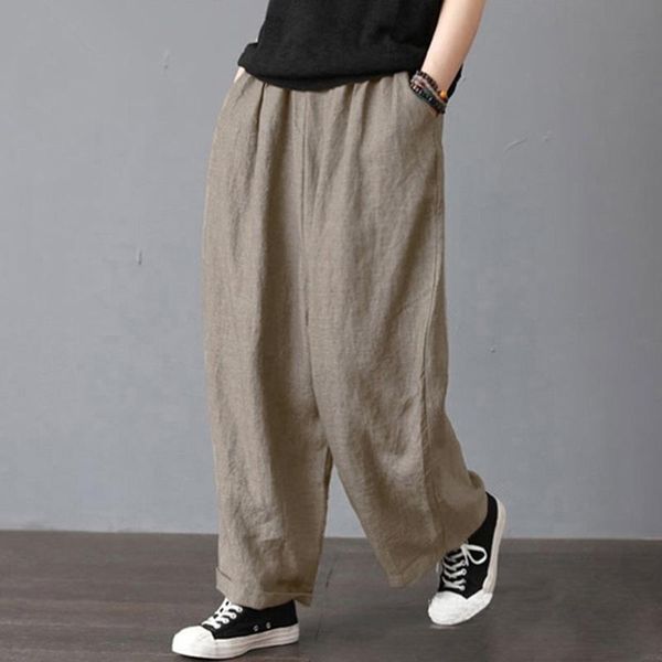 

women's pants & capris harem pant bloomer plus size s-2xl loose women trouser cotton linen pleated oversize pockets wide leg, Black;white