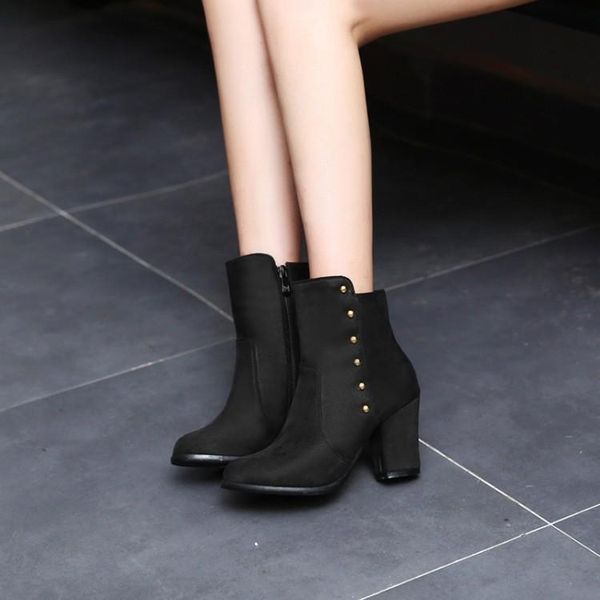 

boots big size ma'am coarse heel short pure color metal decoration boot barrel high, Black