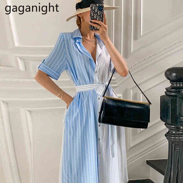 Gaganight Summer Women Striped Patchwork Maxi Dress Office Lady Camicia elegante Abiti lunghi Chic Arrivi coreani Vestidos 210519