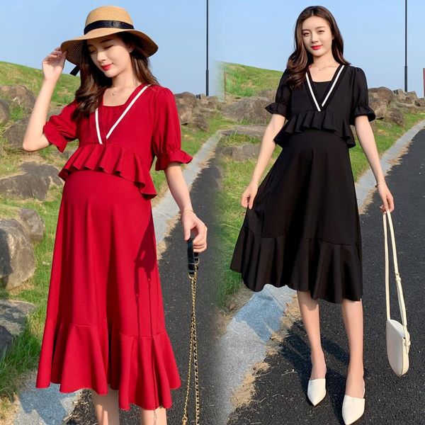 

8207# summer dress false two v-neck wear pregnant women's long skirt maternity loose women mom dresses, White
