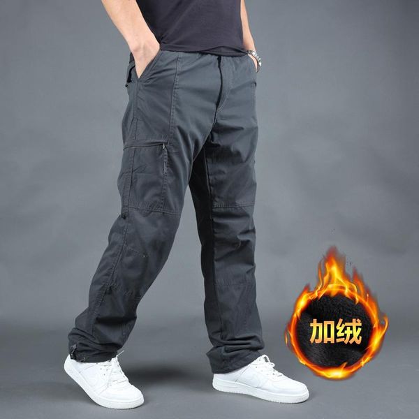 

men's pants 6xl winter warm thick mens cargo double layer oversized army camouflage tactical trousers men hip hop clothing streetwear, Black