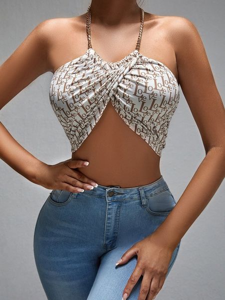 

sxy letter graphic backless crop halter q60j#, White