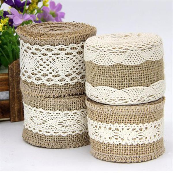 

party decoration 2 meters width 5cm ivory color natural jute rolls burlap hessian lace ribbons with cotton ornament wedding decor