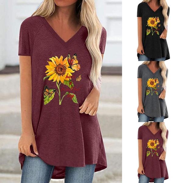 

sunflower digital printing casual loose v-neck mid-length women's t-shirt fashion short sleeve a-line woman tshirts, White