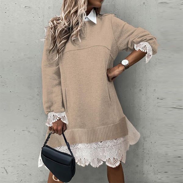 

2021autumn women patchwork ruffle mini dress vintage casual turn-down collar button loose dress 2021 elegant long sleeve party dress, Black;gray