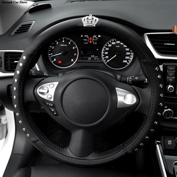 

steering wheel covers car cover genuine leather crystal rivet covered steering-wheel women interior universal cool black