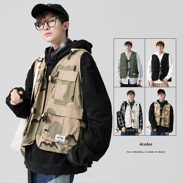 

activity style 2021 autumn large size men's functional hip hop camouflage work cloth multi pocket vt coat, Black;brown