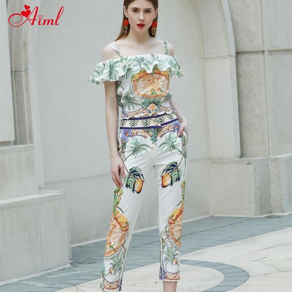 

summer 2021 designer female suspenders lotus leaf elastic leisure print set pants holiday lady party clothes 2 two pieces piece dress, White