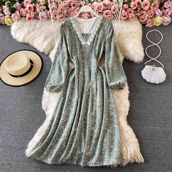

spring lace v-neck slim retro floral vestidos women's fashion temperament large swing midi dress c863 210506, Black;gray