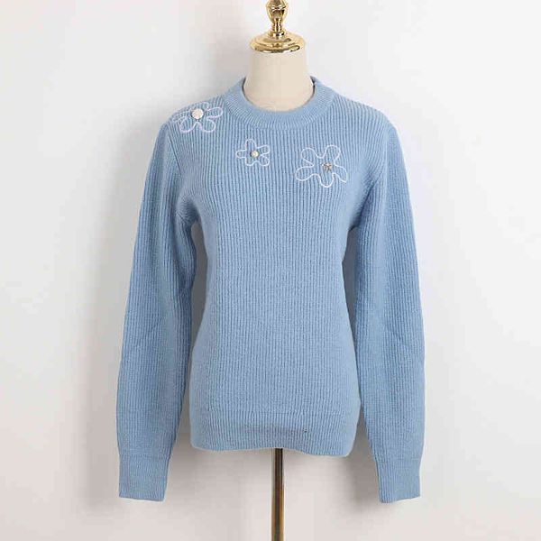 

women's long sved blue flower bead sweater, round neck, 2021, White;black