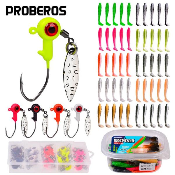 

fishing hooks proberos 25pcs jig head spinner soft worm baits kits 1/8-1/16oz jigging lures hard&soft artificial set