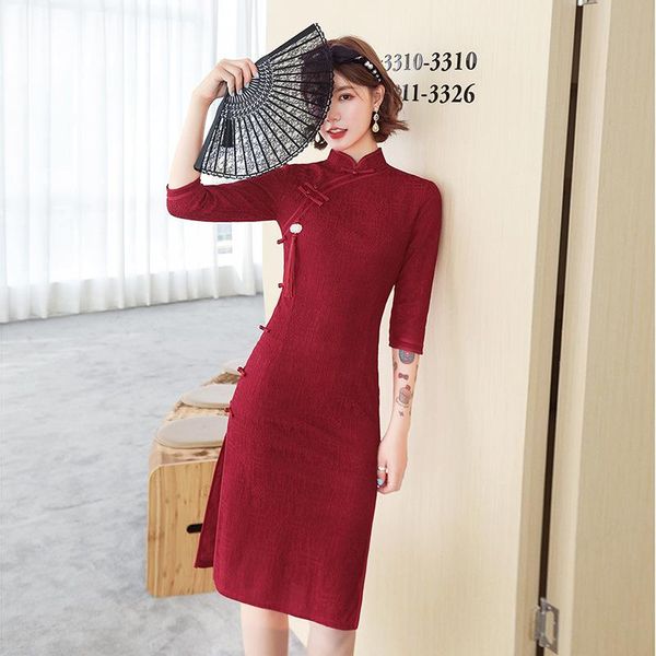 

ethnic clothing burgundy bride wedding party qipao women lace cheongsam vintage button dress gown chinese style mandarin collar vestido, Red