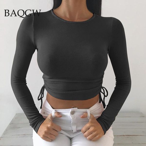

women's t-shirt fashion knilong sleeve women 2021 stretch knitted tshirt solid casual irregular drawstring autum summer female, White