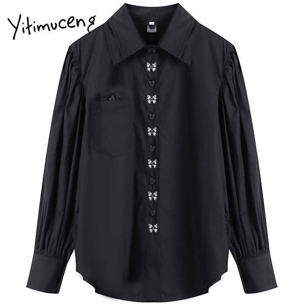 Yitimuceng Yay Nakış Bluz Kadın Düğme Gömlek Gevşek Katı Siyah Bahar Moda Çift Katmanlı Uzun Kollu 210601 Tops