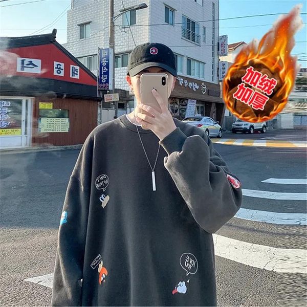

men's hoodies & sweatshirts hongkong wind early autumn thin men clothing trend korean round collar plus cashmere hoodie male ins loose, Black