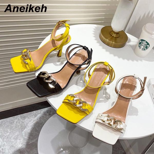 

sandals aneikeh 2021 summer fashion ladies square open toe ankle buckle strap high heels shoes pu metal decoration women party, Black
