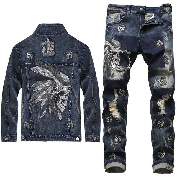 

men's tracksuits 2021 european style men sets embroidered stretch denim blue 2 pieces maching set jacket and hole jeans mens clohing, Gray