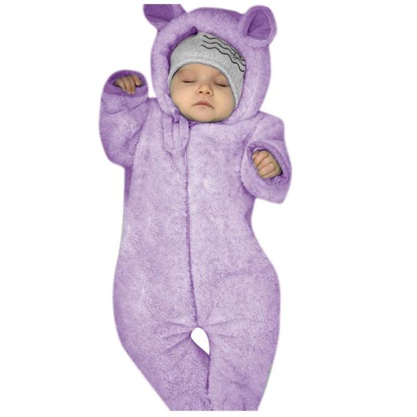 

jumpsuits 40# solid born infant baby girl boy bear ears footed hooded romper fleece kids outfits autumn winter cute rompers, Blue
