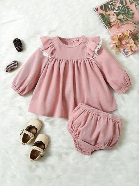 

baby eyelet embroidery ruffle trim corduroy babydoll blouse & shorts she, White