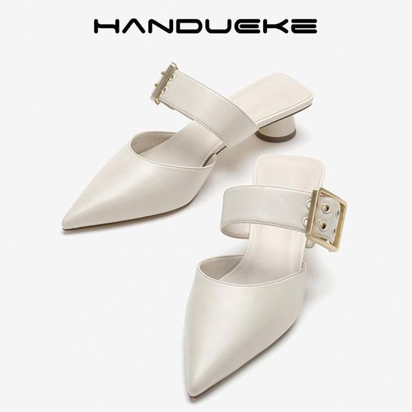 

slippers 2021 spring baotou shallow mouth wide strap small round heel ladies metal square buckle pointed toe muller shoes1, Black