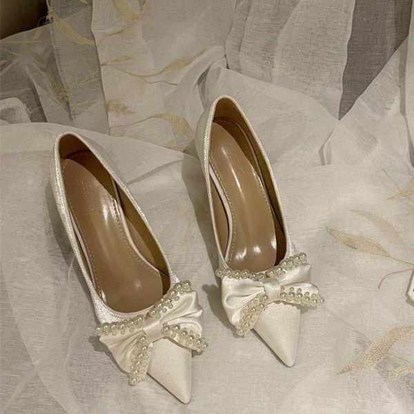 

dress shoes 2022 women's single pearl bow stiletto shallow mouth work all seasons all-match high heels, Black