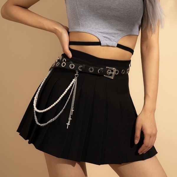 

belts trendy female belt waistband body chains fashion cross charm black pu for woman stranded pearl metal chain women's, Black;brown