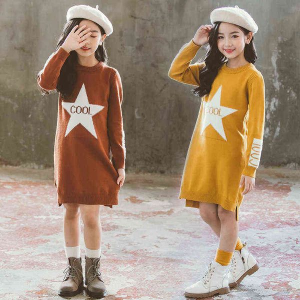 Mädchen Herbst Winter Stern Pentagramm Pullover lange Kleider Baby Bottom Casual Teenager Kinder Prinzessin Kleid 6 7 8 9 10 11 12 Jahre G1218