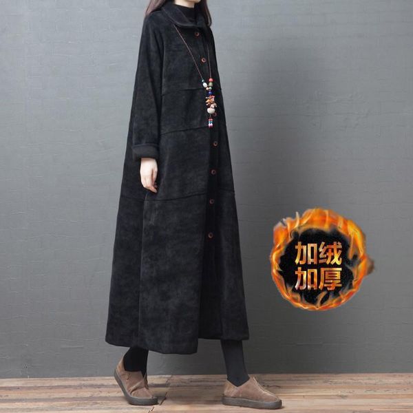 

new autumn winter trench coats women vintage corduroy plus velvet korean loose large size long sleeve overcoats xa1131, Tan;black