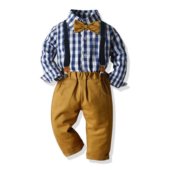 

children's wear spring and autumn baby long sleeve striped shirt gentleman's strap trousers bow tie two piece boys' suit, Blue