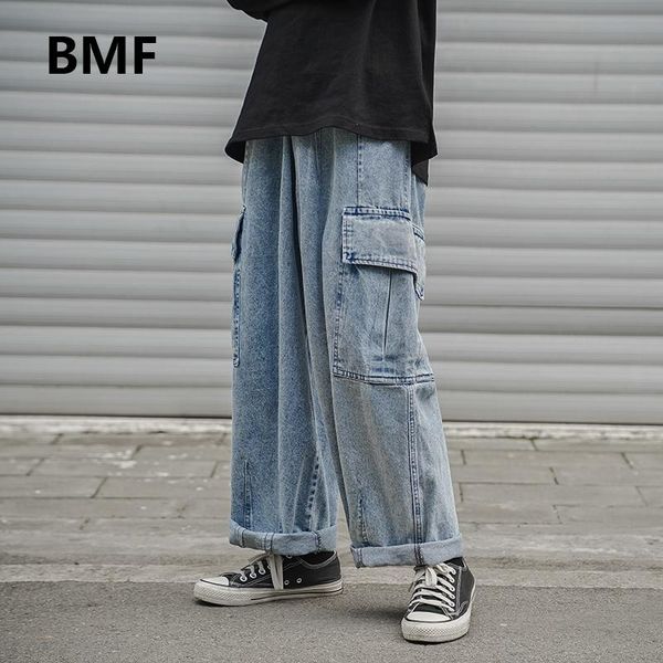 

men's jeans 2021 fashion korean style wide leg pants hip hop straight for men streetwear black baggy kpop denim cargo, Blue