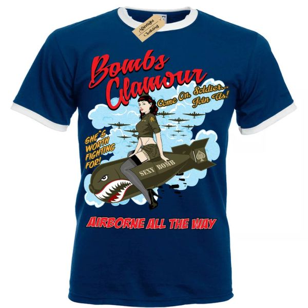 

americano bombÃ³n camiseta ee.uu. militar pinup airforce hombre ringer, White;black