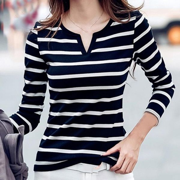 

women's blouses & shirts ostrich basic shirt women striped long sleeve v neck 2021 autumn ladies loose blouse cotton plus size pullover, White