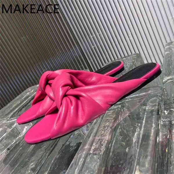 

75% off factory outlet sale rose red slippers bowknot flats genuine leather pleated mules ladies runway shoes woman summer slides women 1pkl, Black